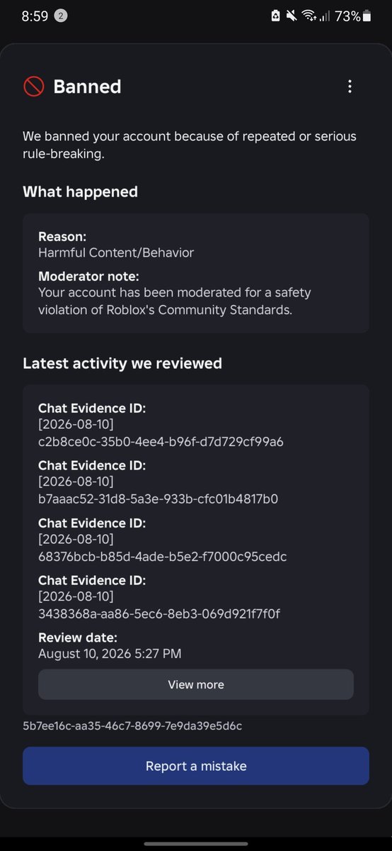 Paulmatthewph's tweet photo. 💔 31day passed the away since Roblox Account was this falsely ban the wrongly banned was harmful behavior chat evidence support i've included can't take to all have was over 10.7k followers. 😭🙏

Username: 1Paulmatthewbalbutin
#roblox #robloxban @KreekCraft @Roblox @Roblox_RTC https://t.co/1PdAw3rkWD