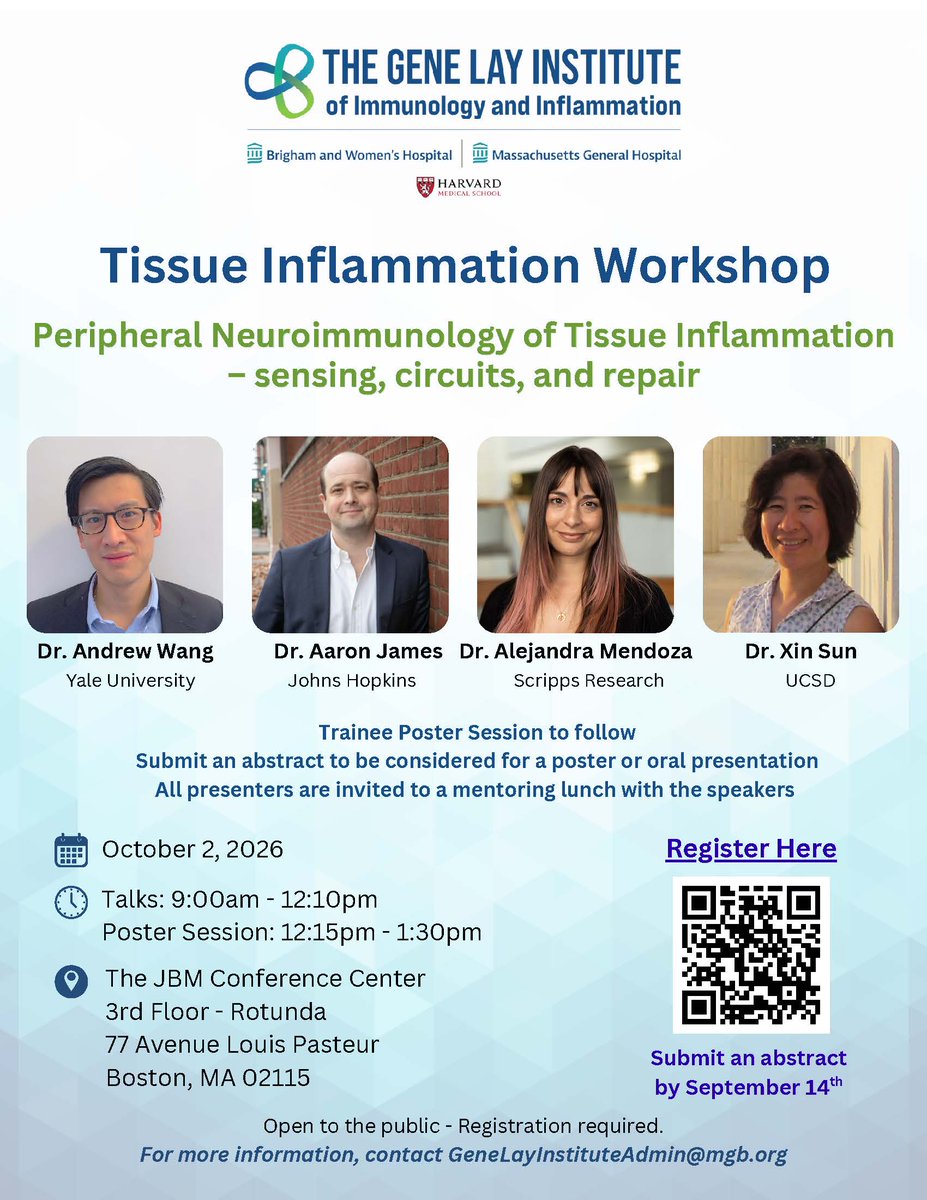 GeneLayInst's tweet photo. Join the Gene Lay Institute on October 2nd for our Tissue Inflammation Workshop! Hear from leading scientists in neuroimmunology, present your research in our trainee poster session, and connect with experts. Register today!

#GeneLayInstitute https://t.co/7NnEQiOf9s