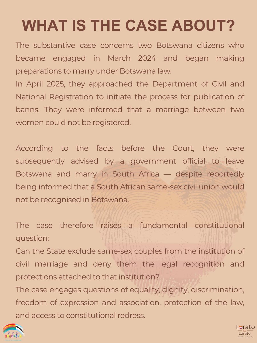 legabiboadvo's tweet photo. DID YOU MISS OUR PRESS CONFERENCE THIS MORNING?
LEGABIBO has officially joined Botswanaโs ongoing marriage equality case. ๐ณ๏ธโ๐โ๏ธ
Swipe through the carousel to learn what this means, why we joined, and what comes next.
#LEGABIBO #LoratoKeLorato #MarriageEquality https://t.co/J2ngduMwai