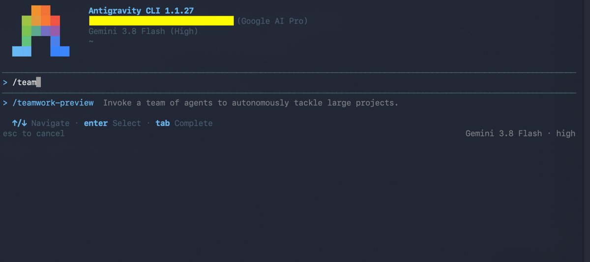 Antigravity CLI showing the teamwork-preview command on Gemini 3.8 Flash High, which made the multi-agent workflow concrete rather than abstract
