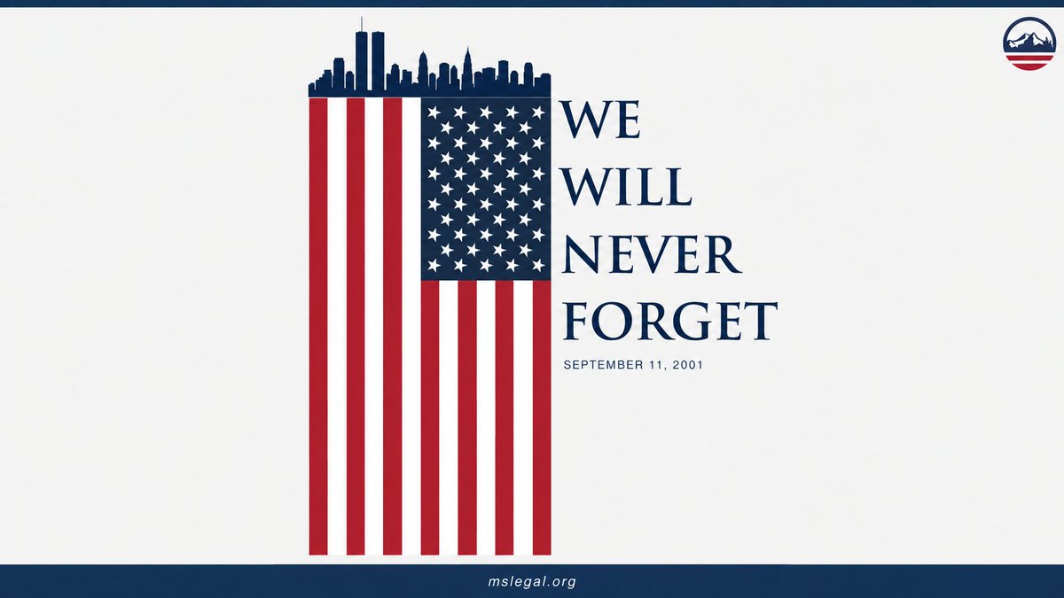MSLF's tweet photo. Twenty-five years later, we still remember.

On September 11, 2001, our nation experienced an unimaginable tragedy. Nearly 3,000 innocent people lost their lives, leaving behind families, friends, colleagues, and communities forever changed.

Today, the Mountain States Legal Foundation pauses to remember and honor every life lost that day.

We remember the men, women, and children who never made it home.

We remember the firefighters, police officers, first responders, and ordinary Americans who ran toward danger to help others.

We remember the families who were forced to say goodbye far too soon, and the countless people whose lives were forever changed by the events of that morning.

And we remember the extraordinary courage, compassion, and unity that emerged in the days that followed.

Twenty-five years may have passed, but the lives lost on September 11 have not been forgotten. Their stories remain part of our nation's story, and their memory reminds us of the preciousness of life, the strength of the American people, and the freedoms we are entrusted to protect.