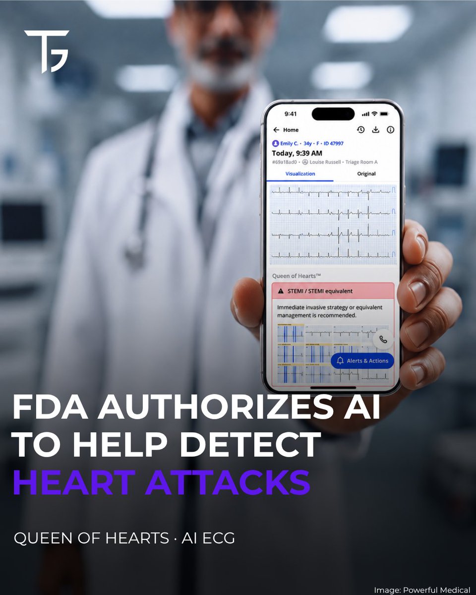 Tarsgen's tweet photo. 🫀 FDA has authorized Powerful Medical’s Queen of Hearts AI-ECG model to help clinicians identify STEMI and STEMI-equivalent patterns linked to acute heart attacks.

The system analyzes standard 12-lead ECGs to flag patients who may need urgent evaluation.

#AI #MedTech #FDA https://t.co/n9hX9yTeLY