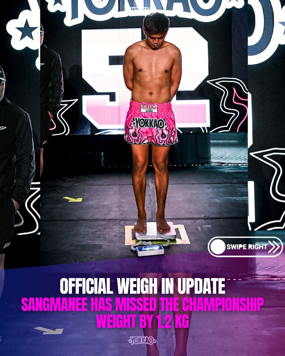 yokkaoboxing's tweet photo. OFFICIAL WEIGH IN UPDATE

Sangmanee has missed the championship weight by 1.2 kg, while Anthony Deary successfully made weight for their YOKKAO World Title bout.

Following Deary’s acceptance, the main event will proceed at catchweight. As the only fighter to make the contracted championship weight, Anthony Deary remains eligible to win the vacant YOKKAO World Title.

If Deary wins, he will be crowned YOKKAO World Champion. If Sangmanee wins, the title will remain vacant.

The fight goes ahead tomorrow at YOKKAO 52 in Manchester.
#Yokkao52 #muaythai #fight