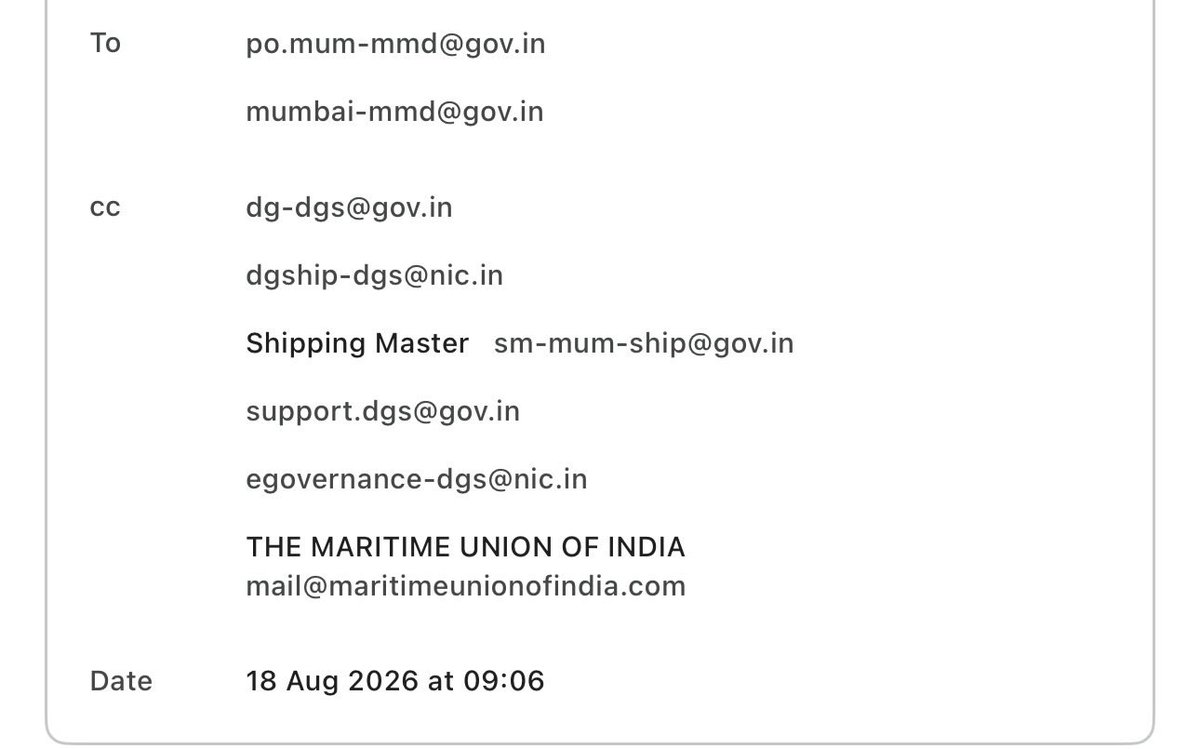 EngineandTide's tweet photo. @dgshipping_IN I’ve been waiting since 18-Aug-2026 for a response to my grievance. Emails sent to MMD Mumbai (with DGMA and support.dgs@gov.in in CC) remain unanswered. Contact numbers for MMD Mumbai are either out of order or go unanswered. What should I do next? https://t.co/gpMzujXoSF