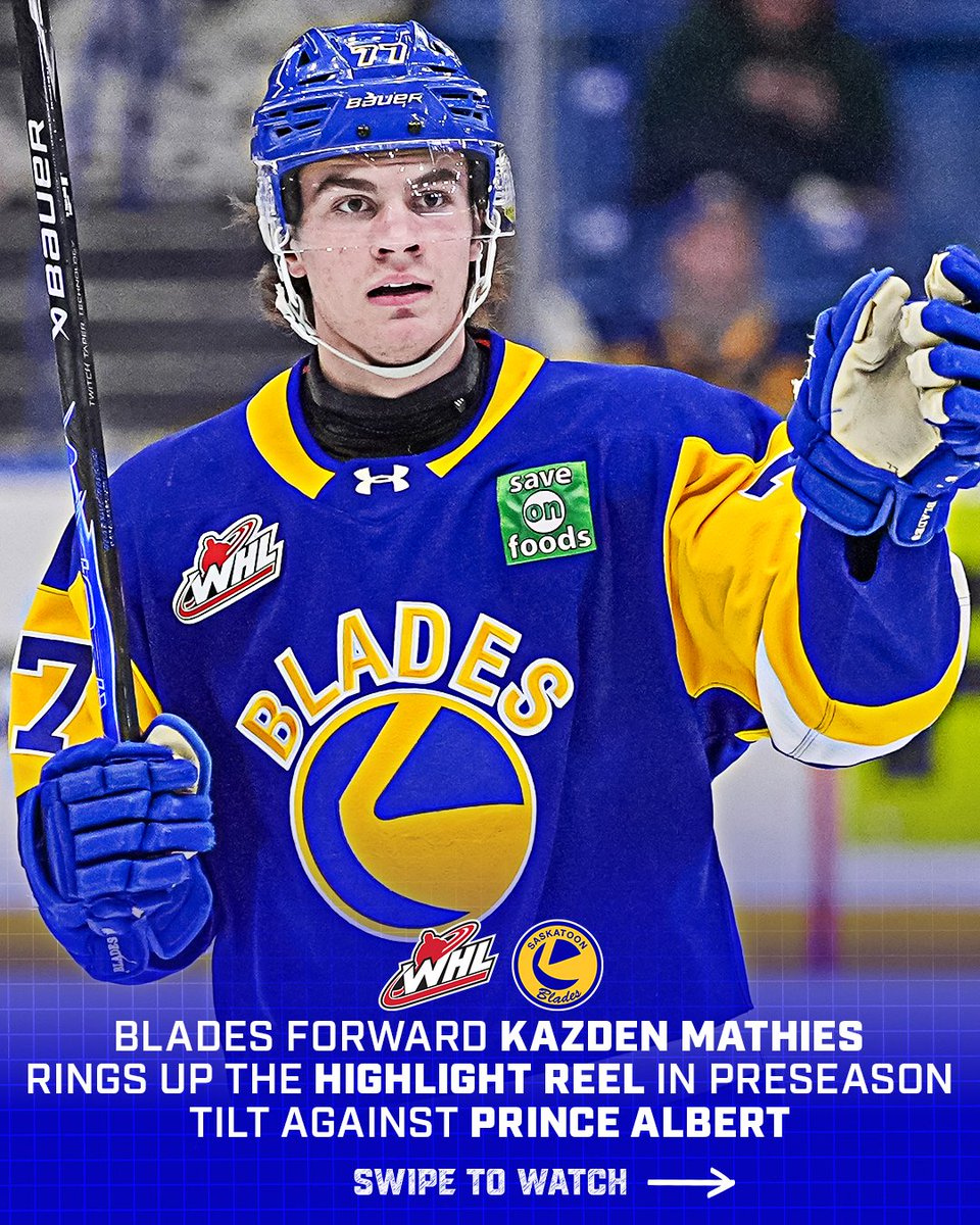 TheWHL's tweet photo. Preseason game, regular season form!

Take a bow, Kazden Mathies.

@BladesHockey https://t.co/Uzn8TqaSY9