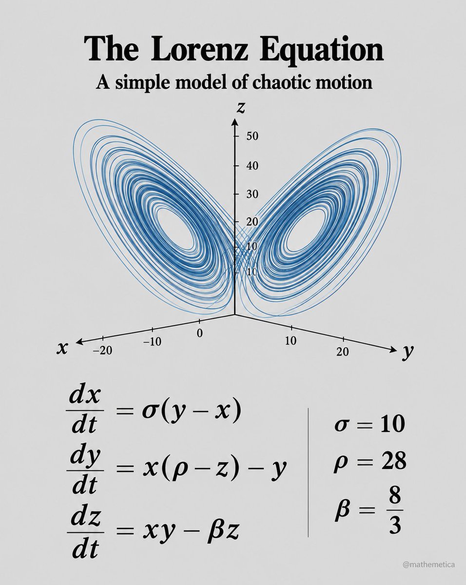 mathemetica's tweet photo. Three numbers - σ = 10, ρ = 28, β = 8/3 - turn a deceptively simple system into an inexhaustible source of surprise:

dx/dt = σ(y − x)
dy/dt = x(ρ − z) − y
dz/dt = xy − βz

The solution never repeats and never settles; it winds forever around two lobes of a bounded fractal set now called the Lorenz attractor. 

A change of one part in a thousand in the starting point sends the future onto the opposite wing after only a few dozen time units.

Edward Lorenz extracted the equations in 1963 while stripping the physics of thermal convection down to its barest skeleton. What remained was the first widely recognized example of deterministic chaos.