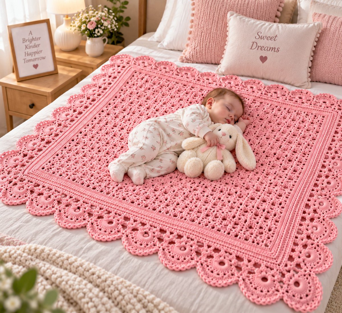 KBDigitalCraft's tweet photo. The Blush Blossom Scallop Baby Blanket features a cozy puff-stitch body, floral shell border, scalloped edging &amp; delicate picot finish. 🧶💕

Perfect for baby showers, nurseries &amp; handmade heirlooms.

Shop Here:  https://t.co/kNpCYKNHuG

#Crochet #CrochetPattern #BabyBlanket https://t.co/NWOZBMIISD