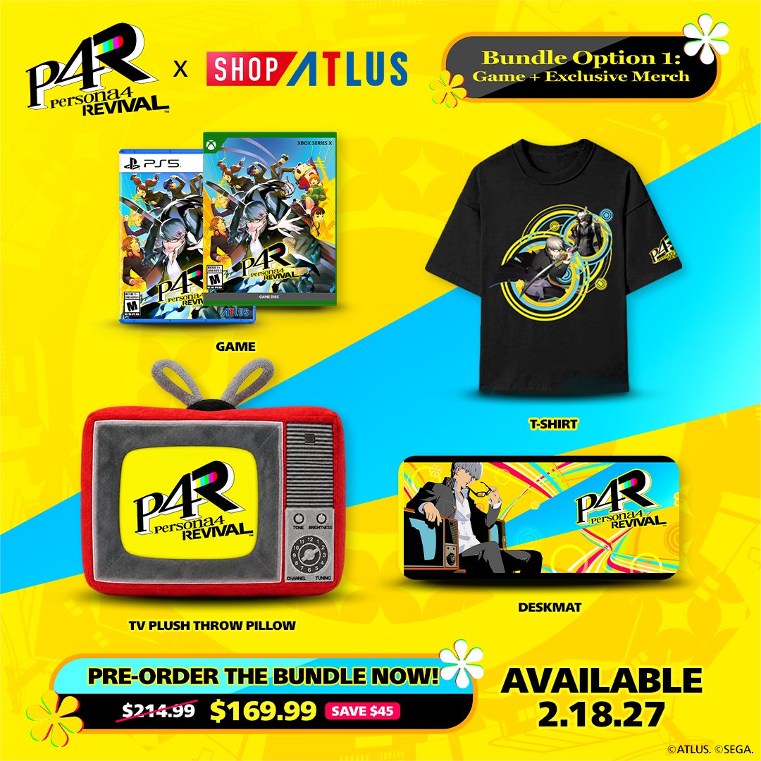 Atlus_West's tweet photo. Persona 4 Revival has arrived at Shop ATLUS 📺

Bring home the experience with two exclusive Shop ATLUS bundle options:

GAME + MERCH BUNDLE
Persona 4 Revival Physical Game + T-Shirt + Deskmat + TV Plush Throw Pillow

MERCH-ONLY BUNDLE
T-Shirt + Deskmat + TV Plush Throw Pillow

Choose your bundle and bring Persona 4 Revival home.

Pre-Order Now: https://t.co/70HE6kuDdZ