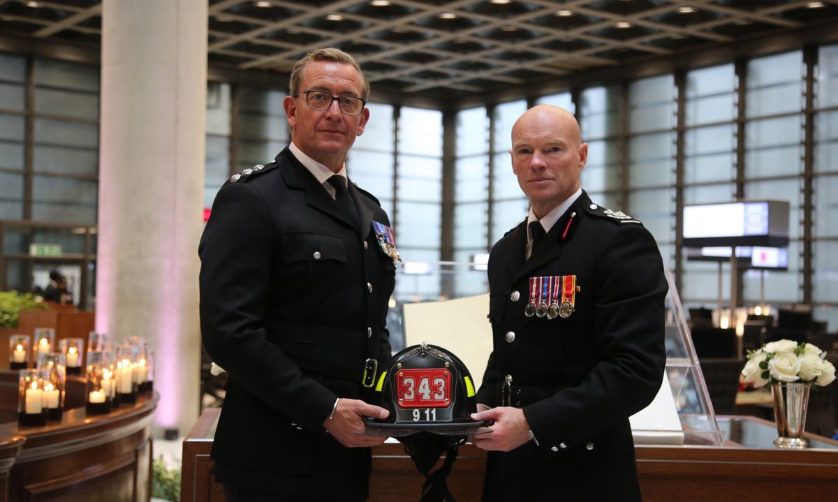 LondonFire's tweet photo. Staff across the Brigade have marked the 25th anniversary of the 9/11 attacks today, parading on station forecourts for a minute silence and attending a memorial service organised by Lloyds of London, in partnership with the brokers Aon and Marsh: https://t.co/lNvAK8c4Kb https://t.co/gvksmKooMu
