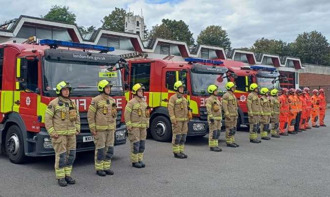 LondonFire's tweet photo. Staff across the Brigade have marked the 25th anniversary of the 9/11 attacks today, parading on station forecourts for a minute silence and attending a memorial service organised by Lloyds of London, in partnership with the brokers Aon and Marsh: https://t.co/lNvAK8c4Kb https://t.co/gvksmKooMu