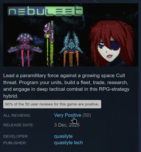 quasilyte's tweet photo. My game just reached 50 reviews and it managed to get a Very Positive score rank 🎉
#gamedev #indiegame #indiedev #ebitengine https://t.co/8xUJRvKc1E
