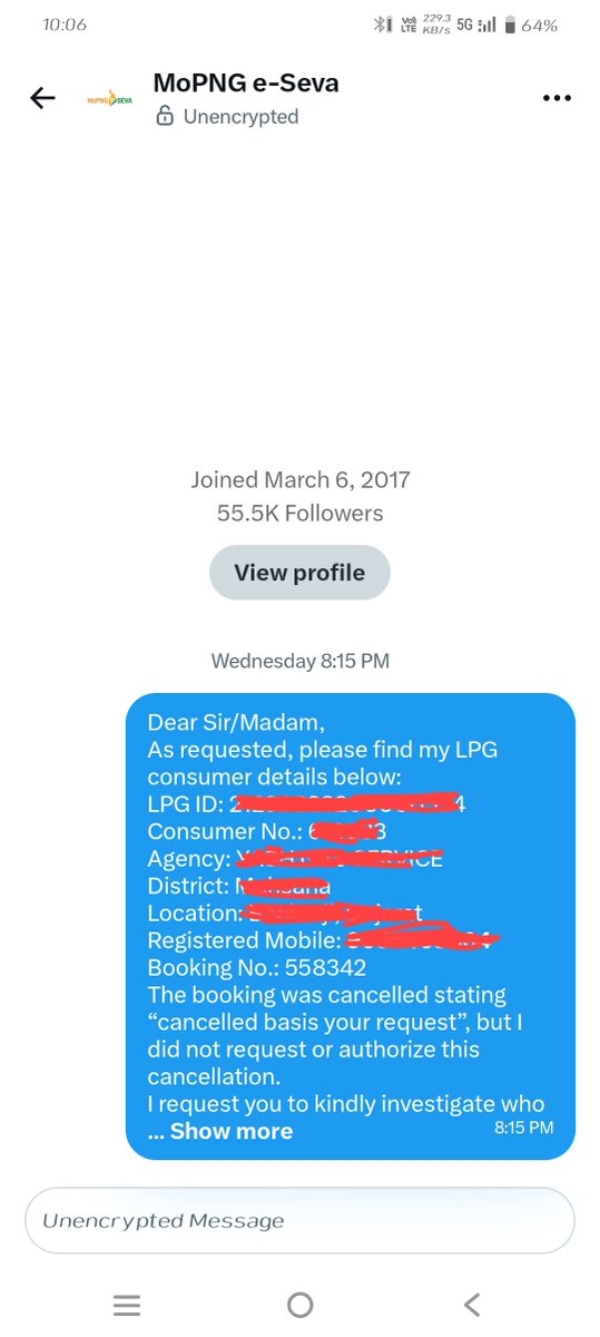anil__india's tweet photo. @MoPNG_eSeva @MoPNG_eSeva @hpcl I have already shared all requested details via DM on Wednesday. Please check my DM and provide an update on my unresolved complaint regarding Booking No. 558342. I did not request the cancellation. https://t.co/NMeALM2PK3