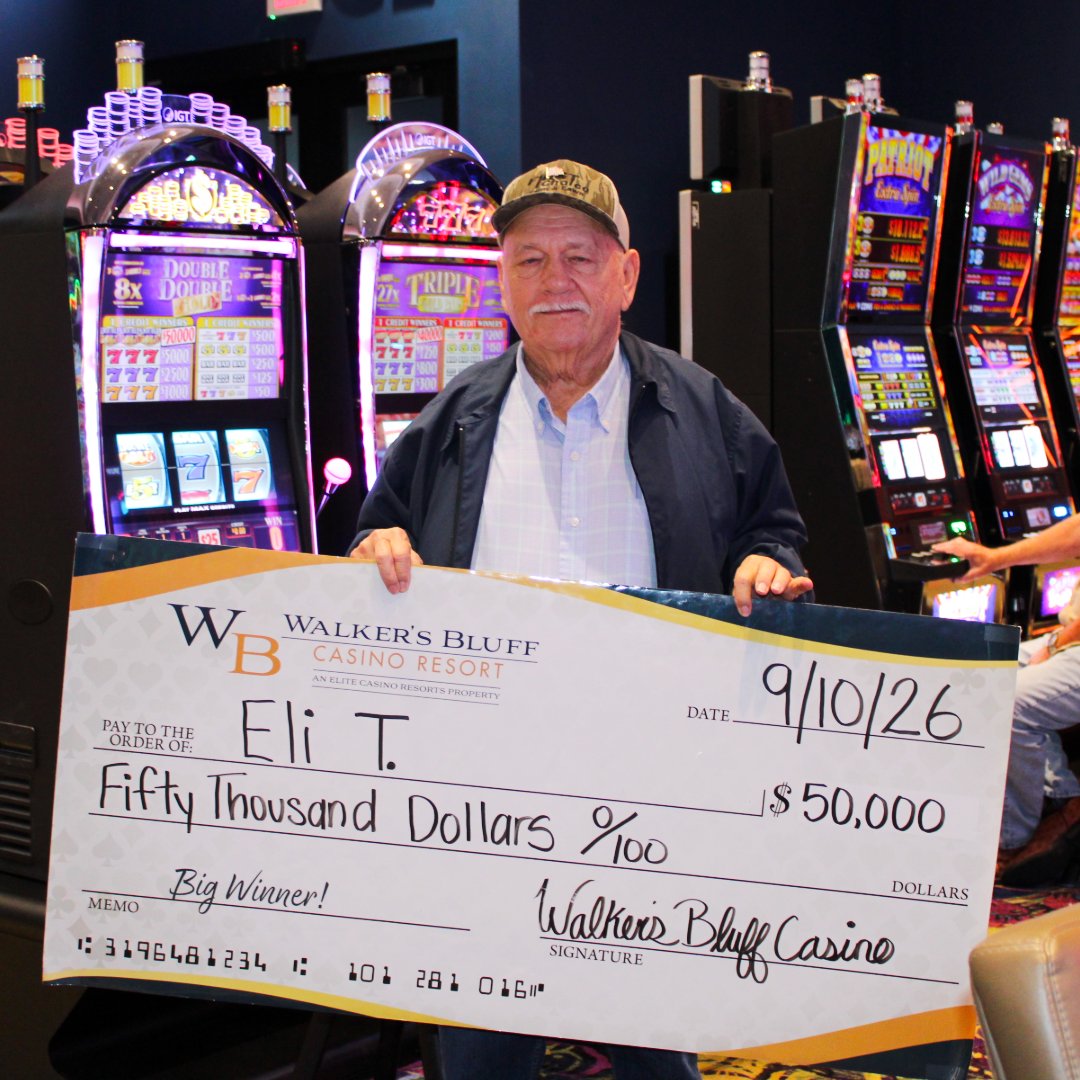 WBCResort's tweet photo. ✨ Congratulations to Eli for striking gold with an astonishing $50,000 jackpot on our #DoubleDoubleGold game yesterday! Think you have what it takes to be our next big #WalkersWinner? Swing by #WalkersBluffCasinoResort today!

Must be 21+. Gambling Problem? Call 1-800-GAMBLER https://t.co/rF3BnQHuQm