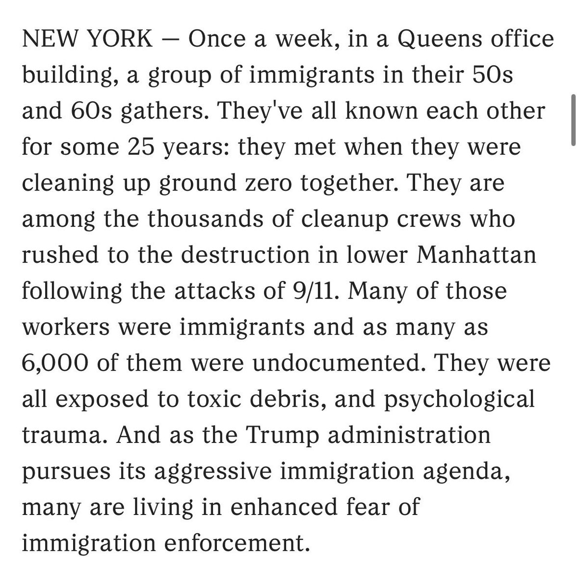ReichlinMelnick's tweet photo. Thousands of immigrants did the hard, dirty work of clearing rubble and toxic dust and debris from Ground Zero. Many were undocumented laborers sent to work every day with no special PPE, and got cancer as a result.

Now some of those same people are living in fear of ICE. https://t.co/ppxHcu9FIN