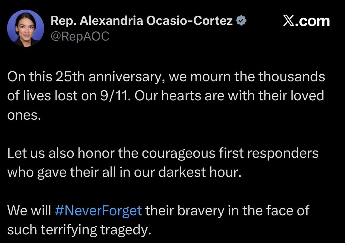 ZeekArkham's tweet photo. AOC,

You laughed and giggled with the jihadist while the names were being read.

This is empty. This is meaningless. We know how you really feel.

You’re a fake chick from Yorktown Heights who has to cosplay as a “Bronx girl” in order to attempt to get street cred. Mamdani is cosplaying as an American while being a terrorist-sympathizing jihadist. Neither one of you should have been there.

You couldn’t care less about the people who were murdered on that day, you couldn’t care less about New Yorkers, you definitely don’t care about black folks (with your community noted post earlier today and your fake “blaccent” that sounds worse than Kamala’s), and you have no problem standing with the enemies of this country. You’re even more of a traitor than Mamdani is because you were born here.

This country needs to wake up. Neither one of you should be in the position you’re in. We’ve forgotten.