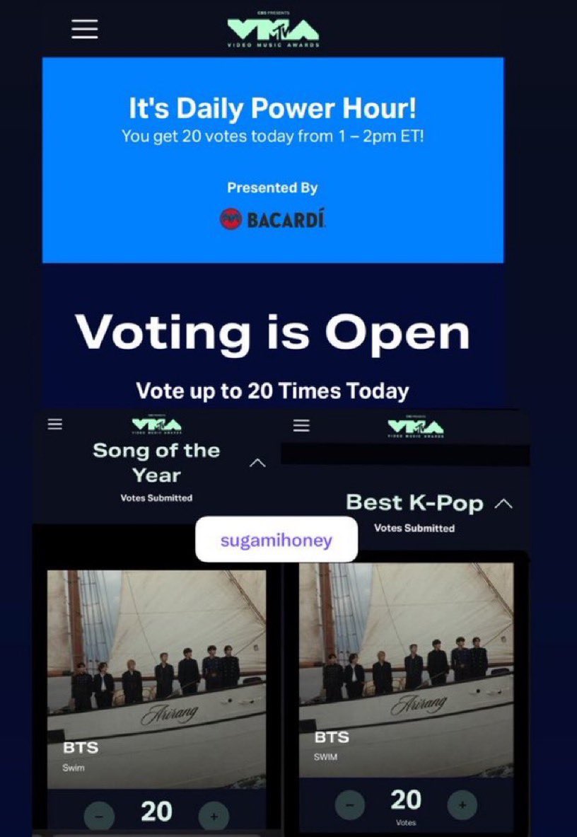 sugamihoney's tweet photo. 🚨DIFUNDAN

Estamos en la hora de votos dobles para los VMAS, aprovechen para votar por los tannies en las categorias: "SONG OF THE YEAR" y "BEST K-POP" 👇🏻‼️

Tambien pasen a votar en los MTV VMAJAPAN, solo es un voto por dia 

🔗 https://t.co/JEwHlRRfGp
🔗 https://t.co/gpgPjJbDbe

VOTE FOR BTS BEST K-POP ON VMAS
VOTE FOR SWIM SONG OF THE YEAR ON VMAS
VOTE FOR BTS VIDEO OF THE YEAR ON MTV VMASJAPAN
#BTS_ARIRANG #VoteForBTSOnVMAS