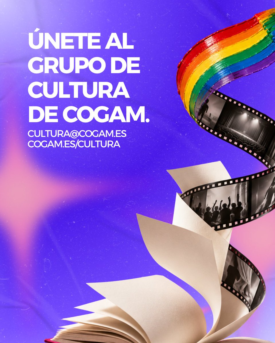 COGAM's tweet photo. La cultura también transforma. 🎨

En el Grupo de Cultura de COGAM compartimos cine, literatura, arte y proyectos LGTBI+ para crear comunidad y combatir prejuicios.

¿Tienes una idea o ganas de participar?

📩 [cultura@cogam.es](mailto:cultura@cogam.es)
🔗 https://t.co/IPZONNHatS https://t.co/IxJBjjZhDm