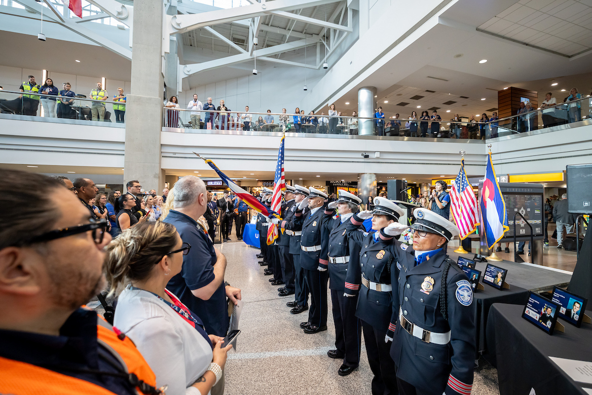 DENAirport's tweet photo. Never forgotten.❤️🇺🇸 

Today we honored the victims and brave heroes of September 11 at a special memorial service with United and American Airlines. https://t.co/SW2SONEq1W