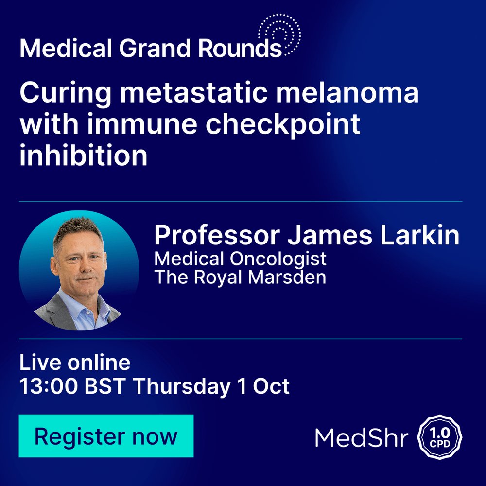 medshronline's tweet photo. Professor James Larkin presents a case on Curing Metastatic Melanoma with Immune Checkpoint Inhibition at the next MedShr Medical Grand Round. Thu 1 Oct, 13:00 UK. 1 Free CPD credit.
#MedShr #MedicalEducation #CPD #GrandRounds #Melanoma https://t.co/aGLB08OosB