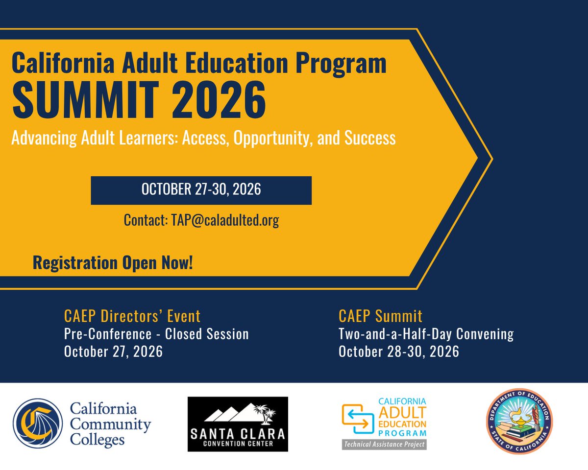 CAEPoffice's tweet photo. Registration is OPEN for #CAEPSummit2026! 🎉

📅 Oct 27–30 | Santa Clara
Connect with 500+ adult ed leaders &amp; explore strategies for learner success.
📌 Register by Oct 13

🔗 Register -https://t.co/MOjrvSnwpW https://t.co/hqRE6OVXqu