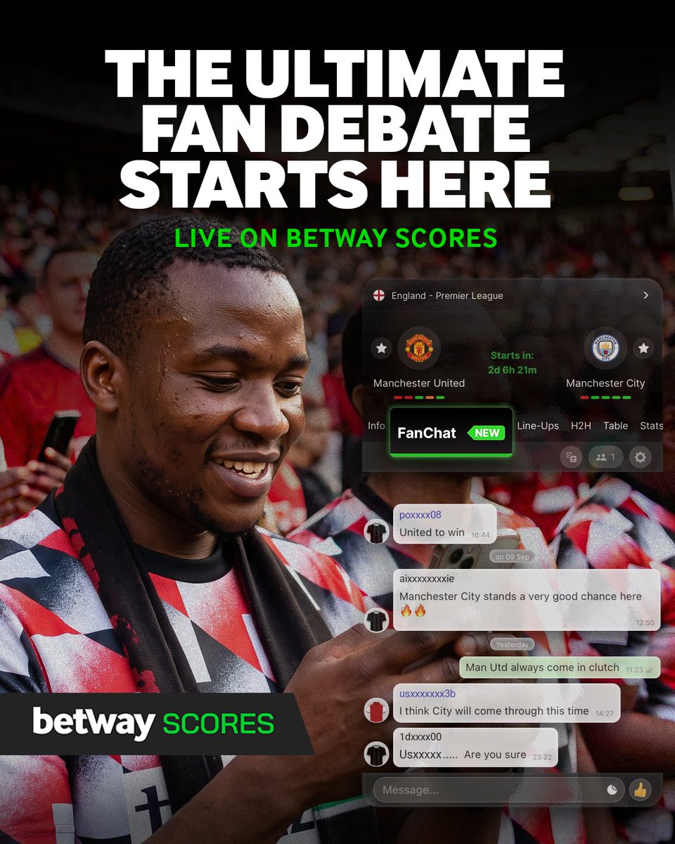 Betway_za's tweet photo. The biggest football debates happen before kick-off!๐ฃ๏ธ
Join the conversation on Betway Scores FanChat and let your voice be heard. ๐
Betway Scores: https://t.co/G4RC3ZB8KH
#BetwayScores #FanChat #ManchesterDerby https://t.co/QbSOaYWczz