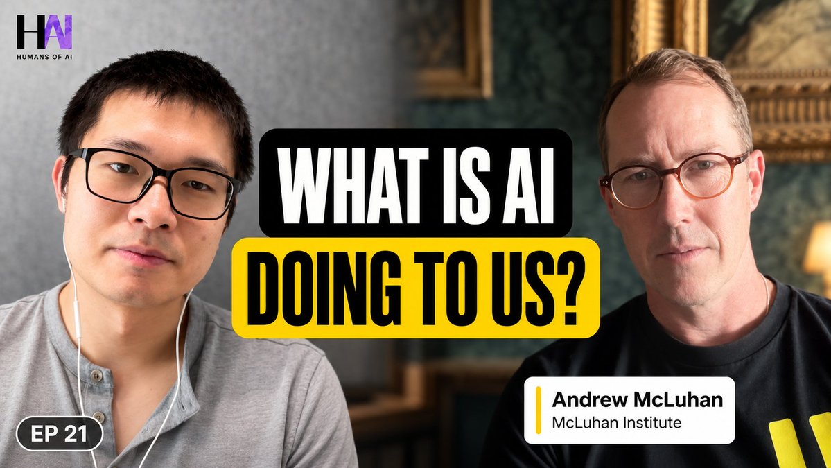 alexchaomander's tweet photo. 🎤 How is AI reshaping not only what we do, but who we are?

In this episode of @HumansofAIPod, I chat with Andrew McLuhan (@amicusadastra), a poet, writer, researcher, and the founder and director of The McLuhan Institute (@McLinstitute), where he develops and teaches ways of analyzing the nature of technologies and their personal and social effects.

​As the grandson of renowned media theorist Marshall McLuhan and the son of Eric McLuhan, Andrew brings a perspective shaped by three generations of thinking about how media and technology transform human life.​

Andrew explains why artificial intelligence should be understood as more than just another tool. AI is becoming part of the environment around us, reshaping how we think, create, communicate, trust information, and understand ourselves.

​We unpack Marshall McLuhan’s famous idea that “the medium is the message,” why focusing only on the content produced by AI can distract us from its deeper effects, and what earlier shifts—from oral culture and print to radio, television, and the internet—can teach us about the present moment.

We also explore how AI overviews and agents are changing search, discoverability, and the economics of publishing; why the risks of AI extend beyond automation to mental fatigue, weakened judgment, trust erosion, and value misalignment; and how every technology strengthens certain human abilities while allowing others to fade.

Andrew offers a practical way to evaluate new technologies against our personal, family, and community values and asks which parts of ourselves we should be unwilling to outsource.

Andrew also shares his unconventional path from punk rock, poetry, and furniture upholstery to carrying forward the work of Marshall and Eric McLuhan. The result is a wide-ranging conversation about media, culture, identity, consciousness, and the question underneath nearly every debate about AI: not only “What can this technology do?” but “What is it doing to us?”