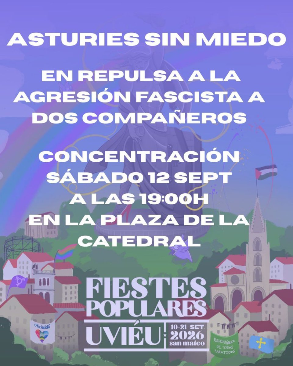 AMA_Asturies's tweet photo. 🔴 8 fascistas agredieron a dos militantes de AMA Asturies en @FiestesPopulare

🌈 Vamos a llenar de arcoiris la ciudad. Frente a su odio, nuestro Uviéu multicolor.

Porque en Asturies somos más y este sábado lo vamos a demostrar 🫶🏽✌🏽

❤️🧡💛💚💙💜🤎🖤 https://t.co/mtzfwQlm94