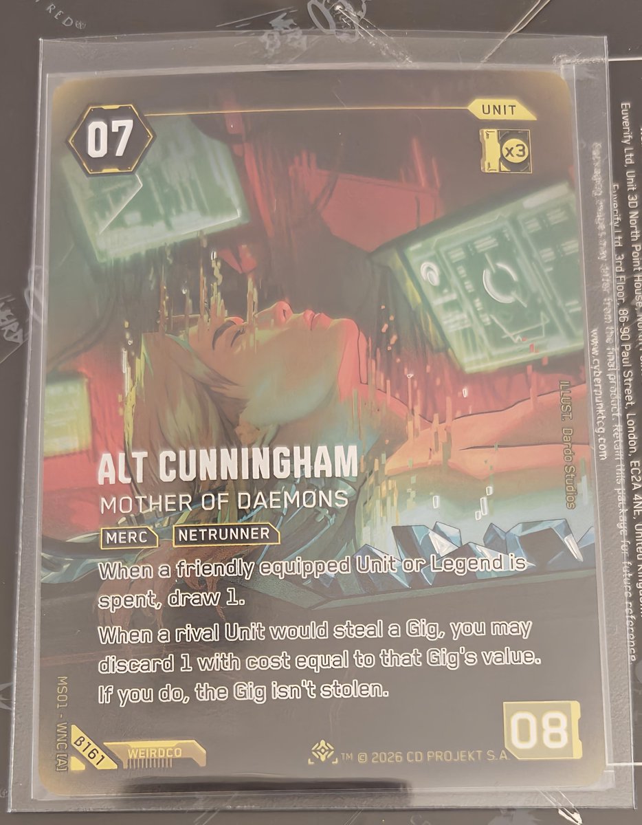 Adonis_Allan's tweet photo. Cyberpunk TCG Card of the Day🌆
Alt Cunningham: Mother of Daemons - Iconic Rare
Two jobs:
Card draw: whenever one of your Units/Legends that has Gear on it goes sideways (gets spent), you draw a card.
Stop a steal: when an enemy is about to take one of your Gig dice, you can throw away a card from hand whose cost matches that die’s number. If you do, they don’t get the Gig. Powerful card that rewards gearing up and protects your Gigs.