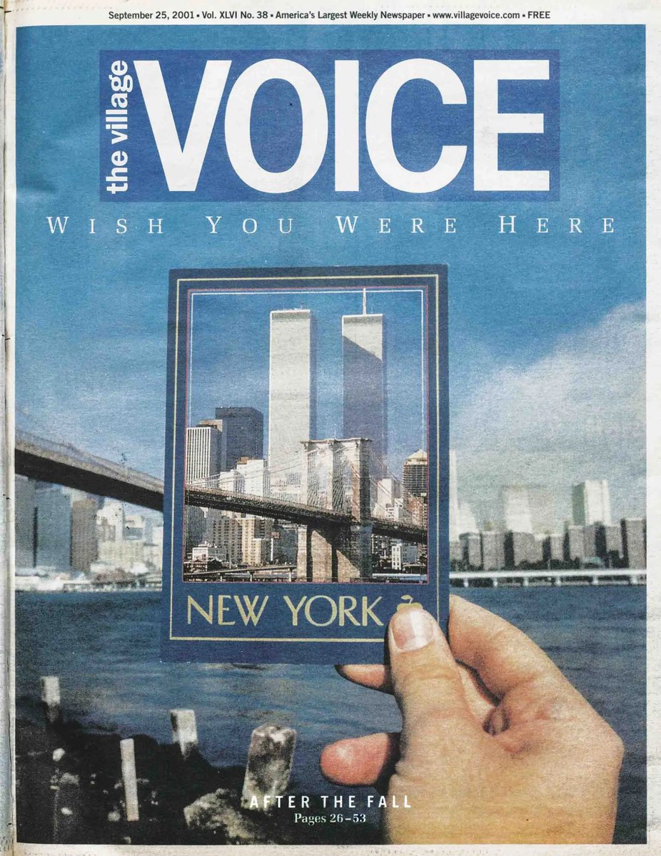 RobGeorge's tweet photo. For a sometimes cynical progressive free New York weekly, the Village Voice ran arguably the two most against-type covers in its history in the two weeks after 9/11. https://t.co/BJJJnc4KvO