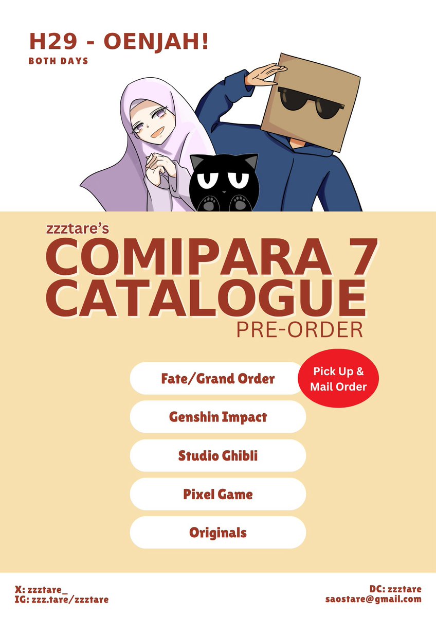 zzztare_'s tweet photo. ❤️&amp;🔄 appreciated!

Halo, aku open PO untuk #COMIPARA7 #cmpr7
12—18 Sep 2026 (bisa diperpanjang)
Khusus pickup akrilik hanya sampai tanggal 14 Sep

📍H29 OENJAH!
Both days
Fandom: FGO, Genshin Impact, Studio Ghibli, RPG pixel game, originals

Link: https://t.co/XJ2q9yLdHn https://t.co/FJorH7nM1e