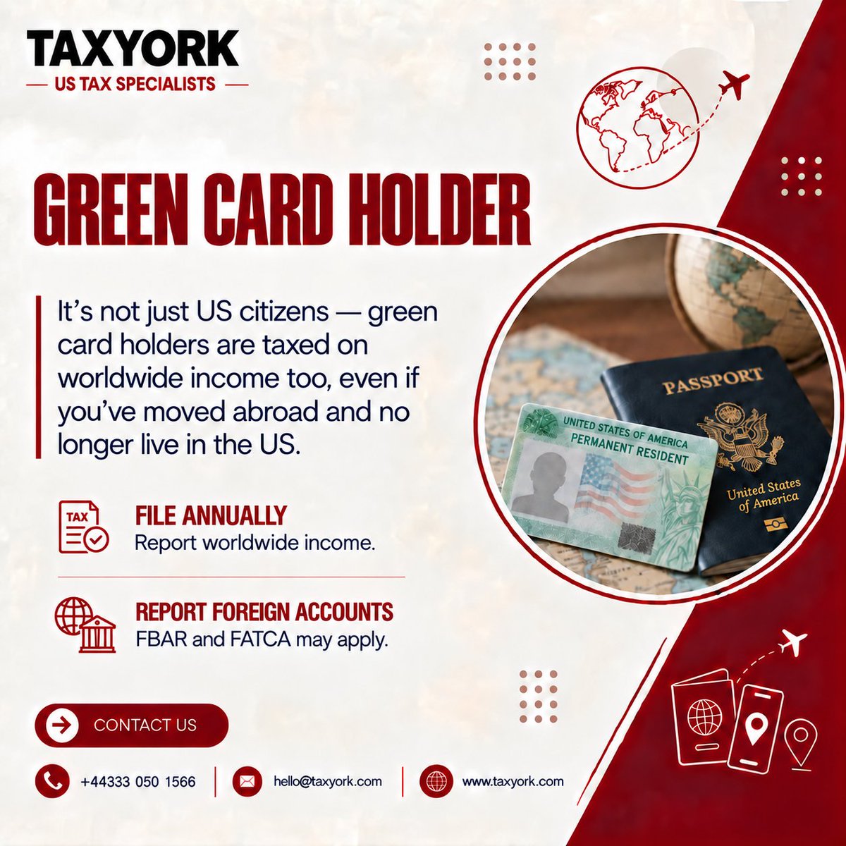 TaxYork1040's tweet photo. Many green card holders are surprised to learn their filing requirements continue exactly like a citizen’s, including FBAR and FATCA.

Hold a green card and live overseas? 
Let’s review your filing status.

📞+44333 050 1566
🌐https://t.co/I9i56Hu7j9
📧hello@taxyork.com

#ExpatTax #GreenCard #USExpat #taxcompliance #expatbusiness