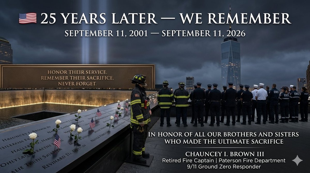 NNMNOfficial's tweet photo. 🇺🇸 25 YEARS LATER — WE REMEMBER

As a Retired Fire Captain and 9/11 Ground Zero responder, I honor my brothers and sisters who made the ultimate sacrifice—and those we lost in the years that followed.

Remember their names. Honor their service. Never forget.

Read👇 “25 Years Later — We Remember”
https://t.co/8Iaqt92TWA

Chauncey I. Brown III @USAFirstPatriot 
Retired Fire Captain | Paterson Fire Department
9/11 Ground Zero Responder
#NeverForget #September11 #GroundZero #FirstResponders #LowerManhattan #WorldTradeCenter #NewYork