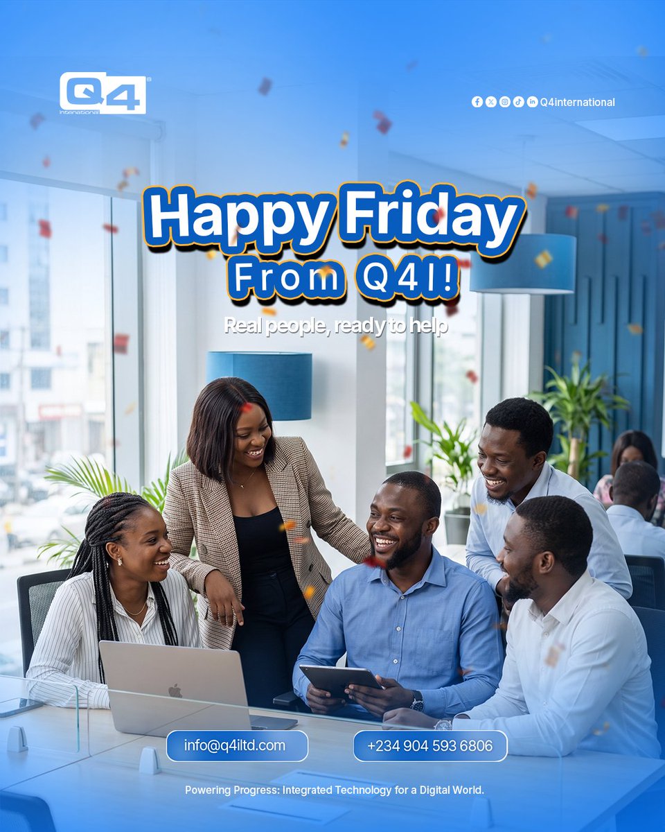 Q4international's tweet photo. Happy Friday from Q4I! 👋

Real people, ready to help — whenever you need us.

Follow @q4international for more.

#TGIF #Q4ILimited https://t.co/18eIcEEWeu