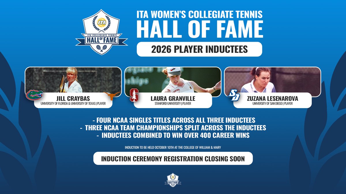 ITA_Tennis's tweet photo. Honoring the Class of 2026 🌟

The registration deadline for the ITA Women’s Collegiate Tennis Hall of Fame Induction Ceremony & Dinner is closing soon - don't miss your chance to celebrate this outstanding class!

🔗 https://t.co/oVgj4eOyIb (Register Today!)

#WeAreCollegeTennis