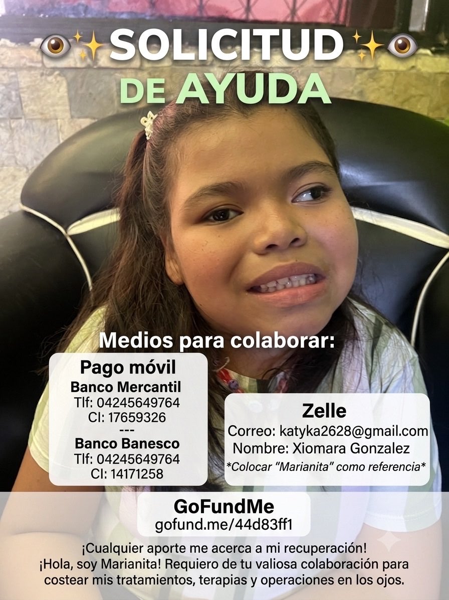 mariani87784922's tweet photo. Vivo en Vzla soy una niña d condición tengo una válvula me dio meningitis y supere muchas bacterias en el LCR 🧠 hoy día dependo de tratamiento diarios,terapias y una operación d mis ojos por realizar AYÚDAME PARA UNA AMP FALTAN $330 
Mercantil o Venezuela
0424 5649764
17659326 https://t.co/auInmTOA80