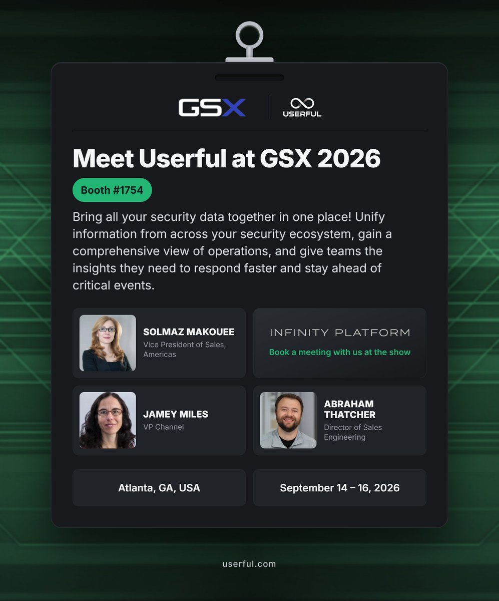 Userful's tweet photo. Userful is heading to #GSX2026! 

Come see the #InfinityPlatform - SOC 2 certified Unified Situational Awareness and Response solution built for modern security operations.  

Book time: https://t.co/GALihn9DGg

#GSX #SecurityOperations #SituationalAwareness https://t.co/dL9KwLOkgY