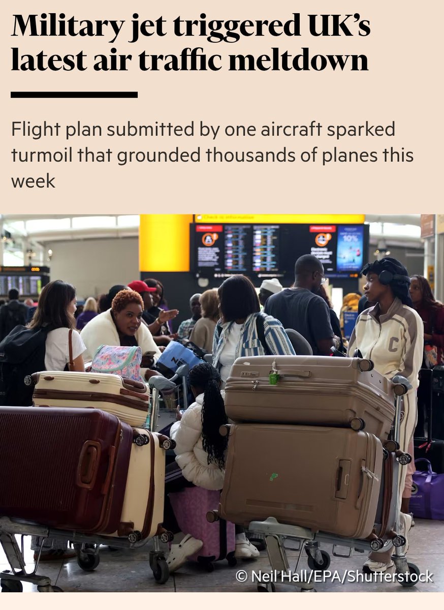 Petercampbell1's tweet photo. 🚨EXCLUSIVE: A military aircraft caused this week's UK air traffic control meltdown🚨

✈️ Flight plan triggered chaos that crashed the system

🖥️ Nats has no backup operation for its "flight processing system"

🍞 CEO Martin Rolfe is "toast"

Full details: https://t.co/HLPQtdSplu https://t.co/cumjAkwojM