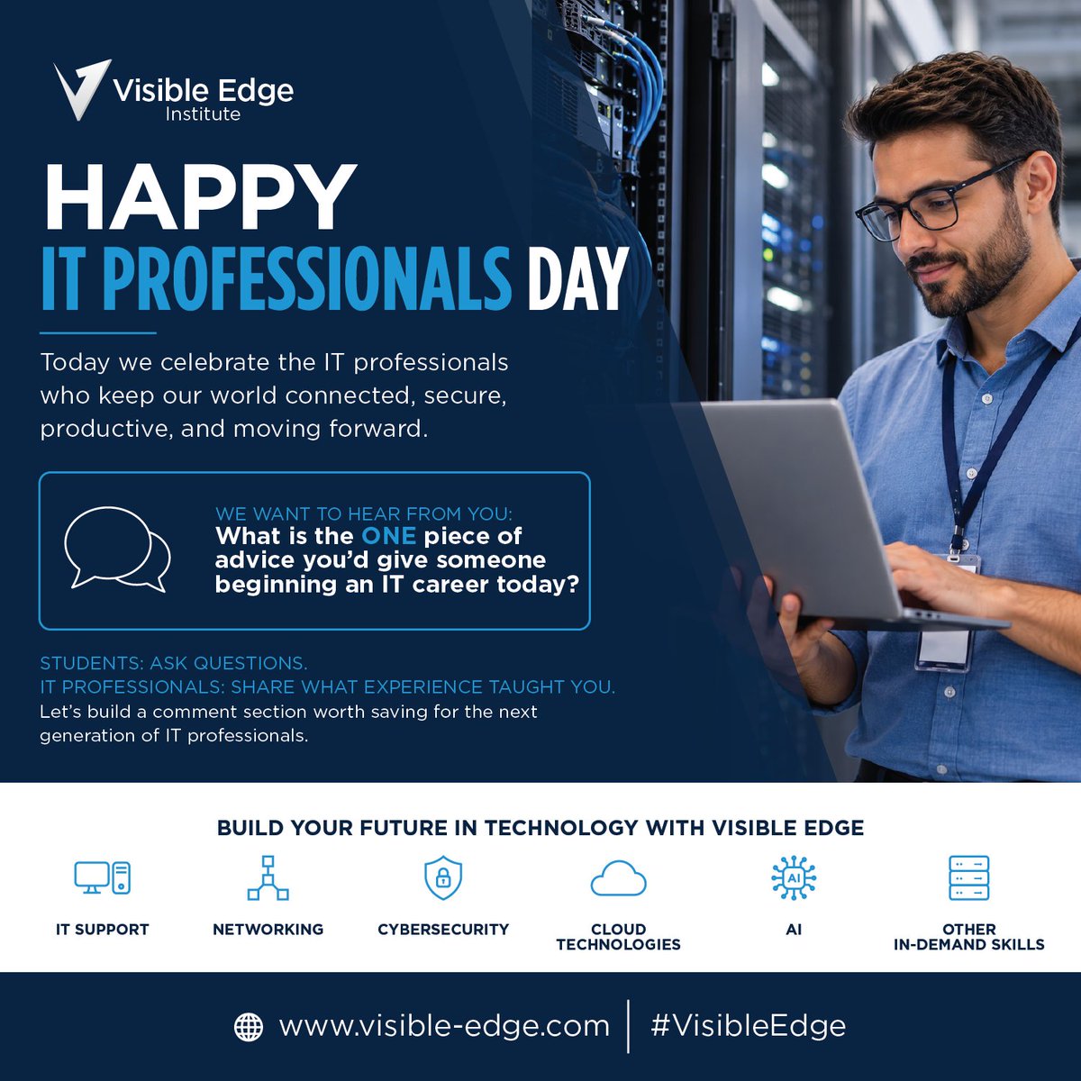 VisibleEdge's tweet photo. What would you tell yourself on day one in IT?

For IT Professionals Day, we celebrate our students, instructors, and team. Visible Edge’s IT training helps learners build practical skills.

https://t.co/OKLEmQ4Fwo
#VisibleEdge #ITProfessionalsDay https://t.co/J6luvJGutE