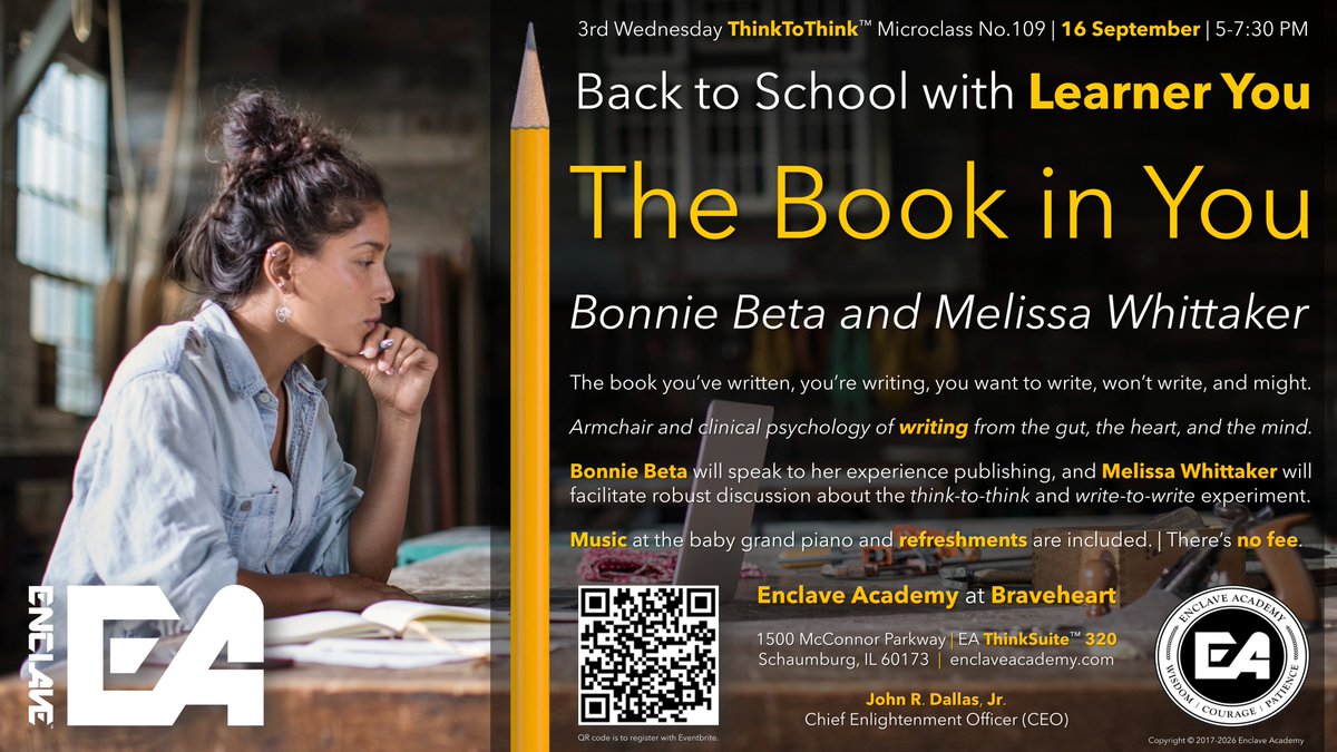 JohnRDallasJr's tweet photo. Write, write, write!
When unable to be at @enclave_center with your fellow thinker-doers for @EnclaveAcademy learning events, even scanning microclass details will trigger momentary focus on your own #metacognition—with themes to ignite further thinking.
https://t.co/xgcTQMECzw https://t.co/2rzXR82nQ9