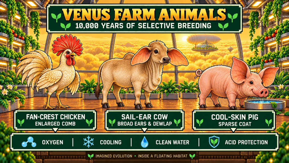LulMail's tweet photo. What would farm animals look like after 10,000 years in space? 🧬🚀

From Mars to deep-space stations: chickens, cows and pigs reimagined for life beyond Earth.

Speculative evolution.

Which colony would you choose? https://t.co/YIEBPSHScm