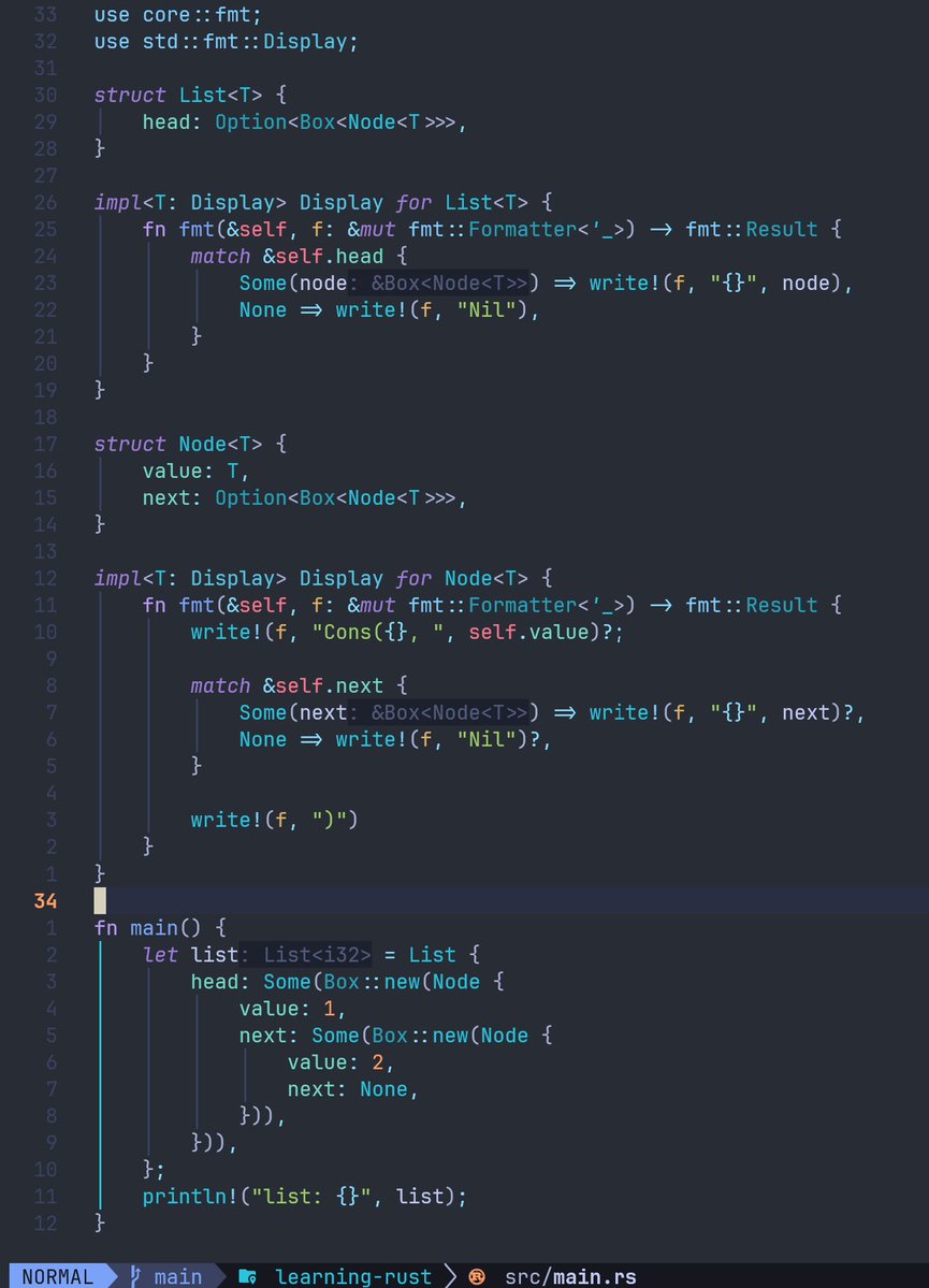 RJHouston93's tweet photo. Exploring smart pointers in Rust by adapting an example from The Rust Book to use a struct instead of an enum to implement a printable Cons list data structure. I was never a fan of lisp parentheses. https://t.co/2pZtarBo5g