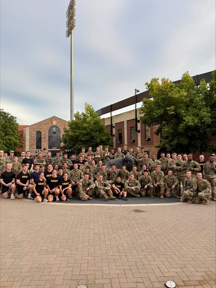 CUBoulder's tweet photo. On the 25th anniversary of 9/11, we remember and honor the fallen heroes. This morning, Army, Air Force, Navy and Marine ROTC cadets joined together with first responders from @CUBoulderDPS, @boulderpolice and @boulder_fire for a memorial stair climb in Folsom Field. https://t.co/7mxPkm1qv7