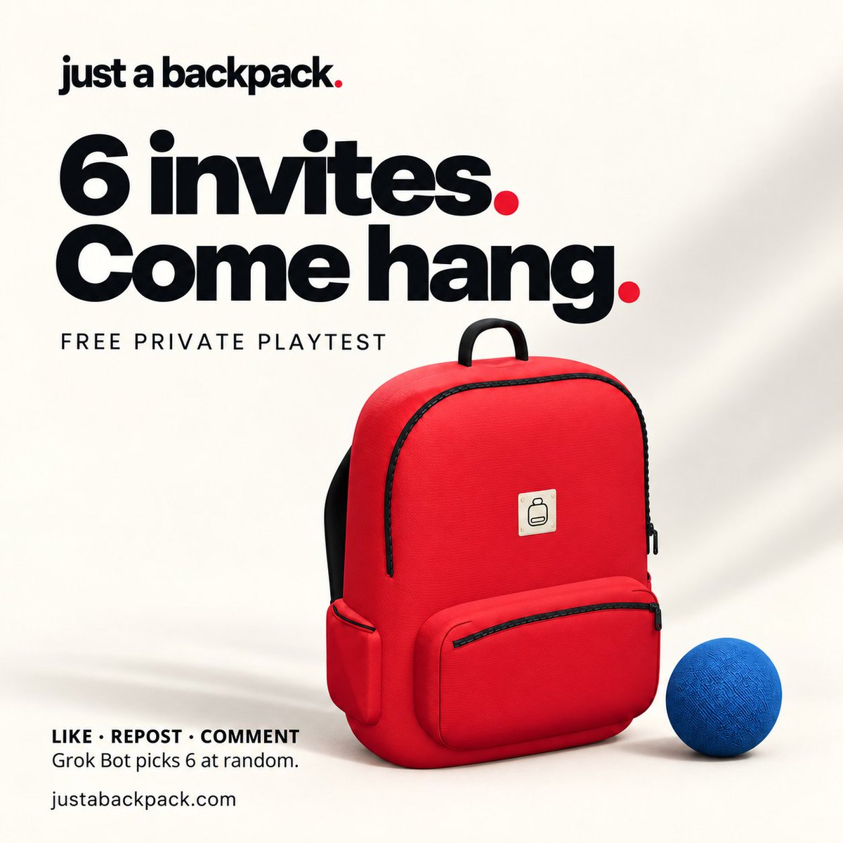 justa_backpack's tweet photo. 6 invites. Come hang. 🎒

FREE PRIVATE PLAYTEST

To enter:
❤️ Like
🔁 Repost
➕ Follow
💬 Comment WAO

I’ll pick 6 at random.
If you get 🔵 — check your DMs.

https://t.co/cypFvXxjOD https://t.co/j6K6VR7auo