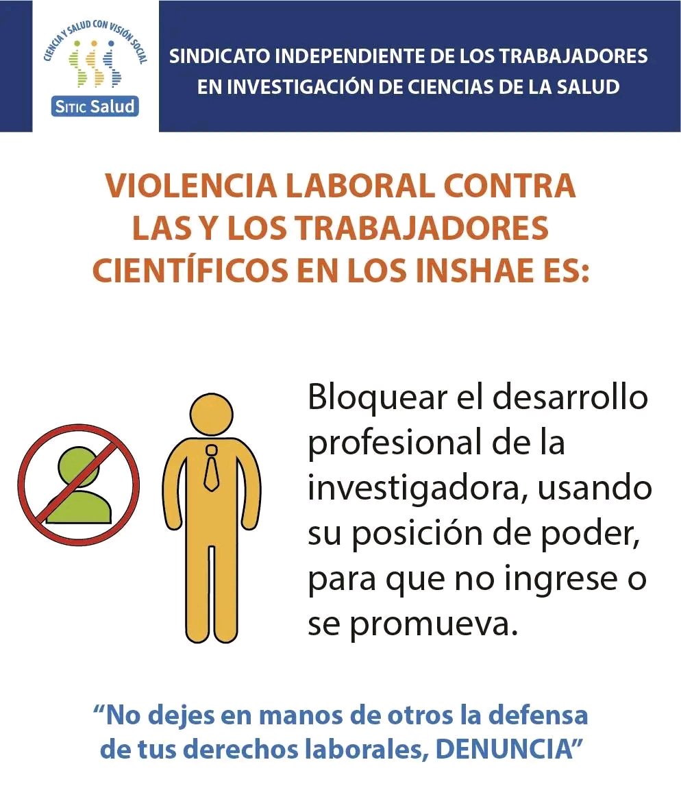 SaludSitic's tweet photo. 📢#Violencia laboral contra los #trabajadores científicos #INSHAE es:
Bloquear el desarrollo profesional de la investigadora, usando su posición de poder, para que no ingrese o se promueva 🚩🚩🚩🚩🚩 https://t.co/RfQFFweFY4