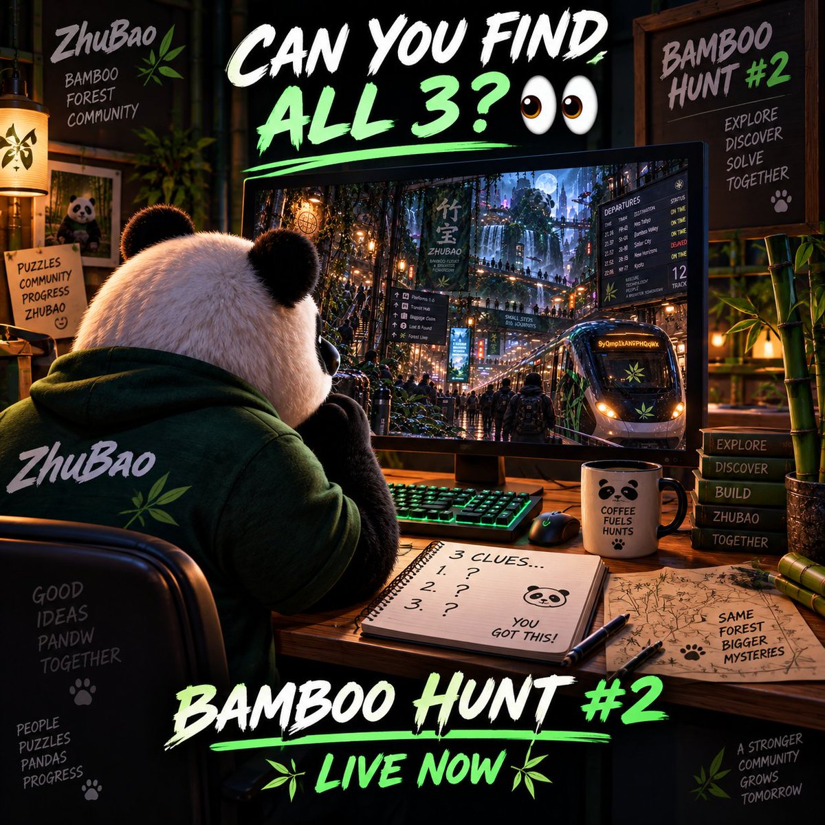 ZhuBaoSol's tweet photo. Think you can find all 3? 

Bamboo Hunt 2 is LIVE.

The clues are hidden.
The Forest is watching. 

Join the Hunt and show us what you’ve got.

Full rules in the ZhuBao Telegram. https://t.co/i1KZjYlK3q