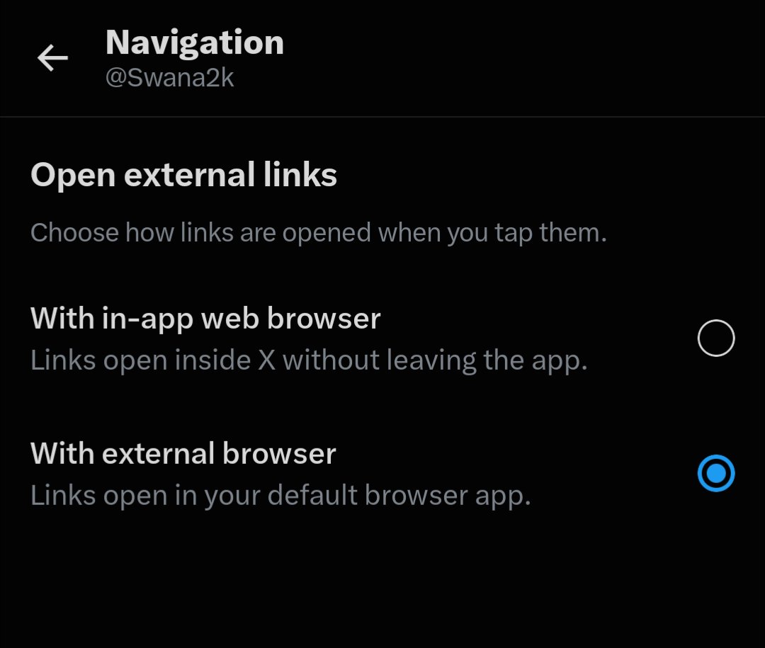 Swana2k's tweet photo. @markdbarrett @AndyRobsonTips It's a setting in X, under Navigation, change to external browser and they'll open in betting app again https://t.co/dEnSNoboqO