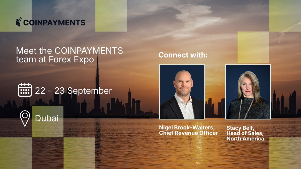 COINPAYMENTSNET's tweet photo. The conversations shaping the future of forex, fintech, and payments are coming to Dubai.

Nigel Brook-Walters, Chief Revenue Officer, and Stacy Belf, Head of Sales, North America, will represent COINPAYMENTS at @TheForexExpo and connect with industry leaders.

#FED2026 https://t.co/1tcoAV7HaU