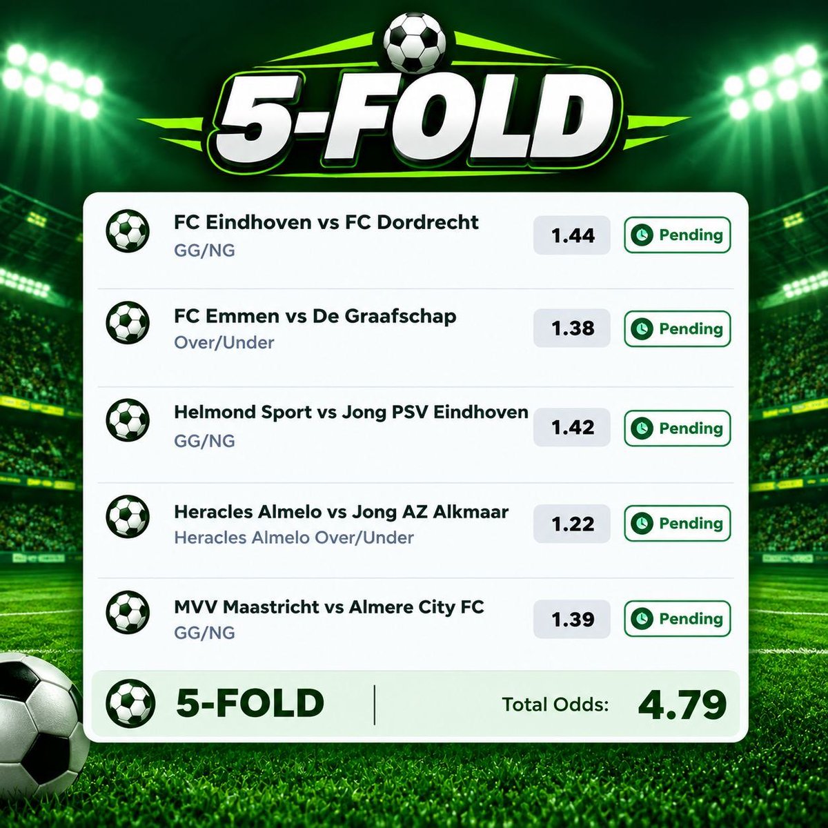 SureOddsHQ's tweet photo. 🔥 5-Fold Dutch League Combo 🇳🇱 🇳🇱🇳🇱

Goals look the way to go tonight. 👀⚽

✅ Eindhoven vs Dordrecht BTTS 
✅ Emmen vs Graafschap Over 2.5
✅ Helmond vs Jong PVS  BTTS 
✅ Heracles Over 1.5 
✅ Maastricht vs Almere city  BTTS https://t.co/lKP73Svzb7