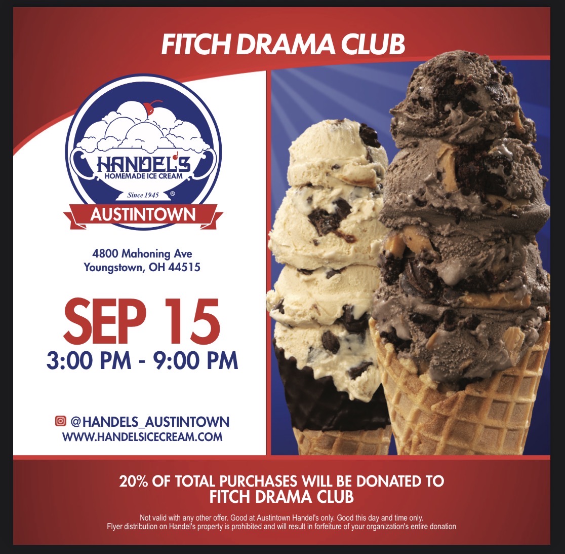 AFalconFacts's tweet photo. What a sweet way to support our Fitch Drama Club!

Stop at Handel's on Mahoning Avenue! 20% of the total purchases will be donated back to the club.

Customers must show this image on their phone or have it printed out. https://t.co/12RxltDh1J