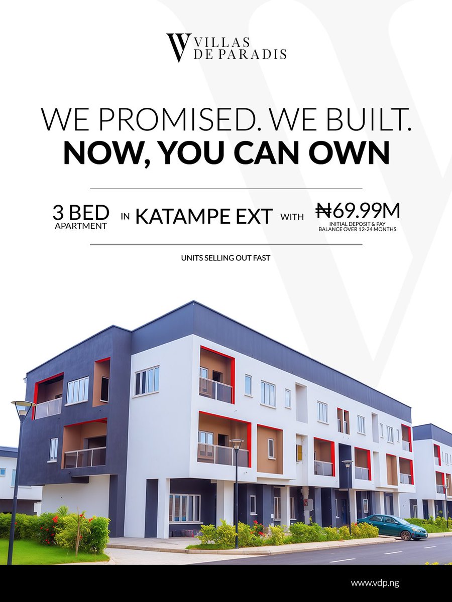 VDPAbuja's tweet photo. Our apartments at Villas De Paradis are designed for people who want more than square footage.

Ownership starts with a ₦69.99M deposit, with the balance spread over 12–24 months.

Units are selling out fast. Send us a DM to schedule a private inspection. 
 
#VillasDeParadis https://t.co/ucoMH1GhkL